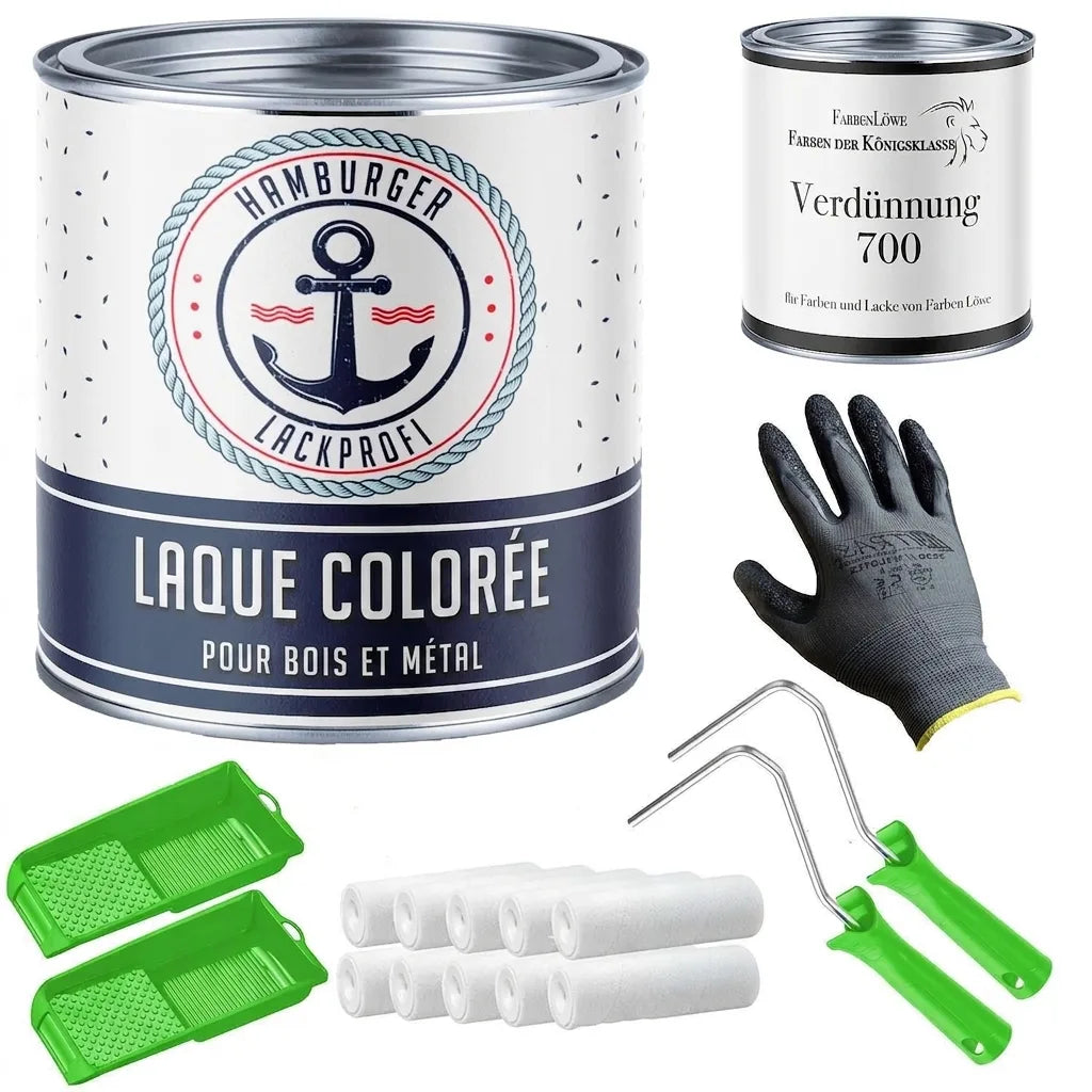 Kit complet de peinture : pot de peinture colorée, diluant, gants, rouleaux et bacs.