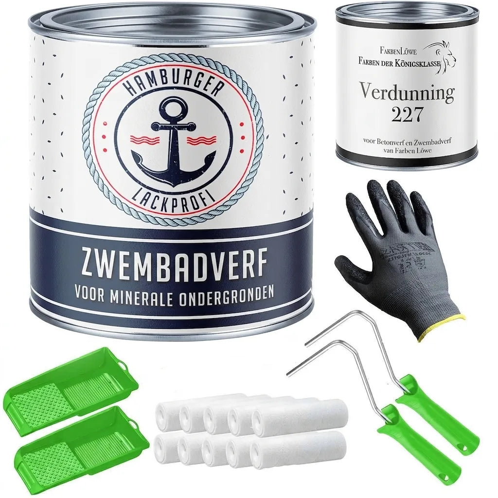 Complete set zwembadverf en accessoires: verfblik, verdunner, handschoen, verfrollers en verfbakjes.