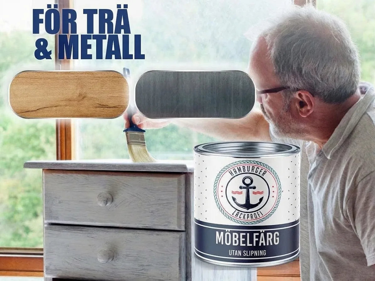 Man målar träbyrå med möbelfärg. Färgen är för trä & metall och kräver ingen slipning.