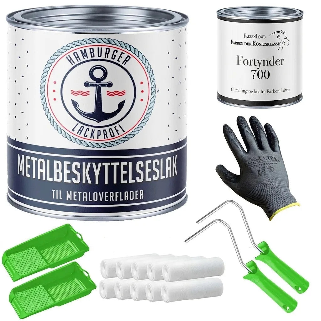 Sæt med metallak, fortynder, arbejdshandsker, malerrullerammer og -ruller, samt malerbakker.