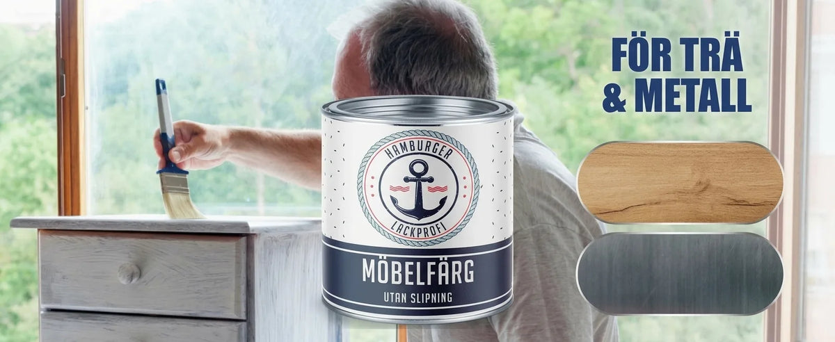 Möbelfärg för trä och metall. Man målar en byrå vit. En burk med texten 'Möbelfärg' och 'För trä & metall'.